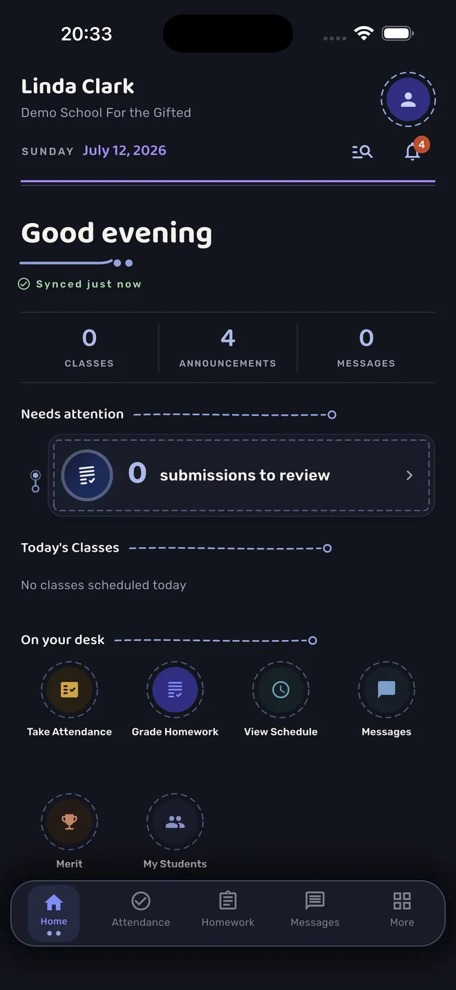 The teacher dashboard in dark mode