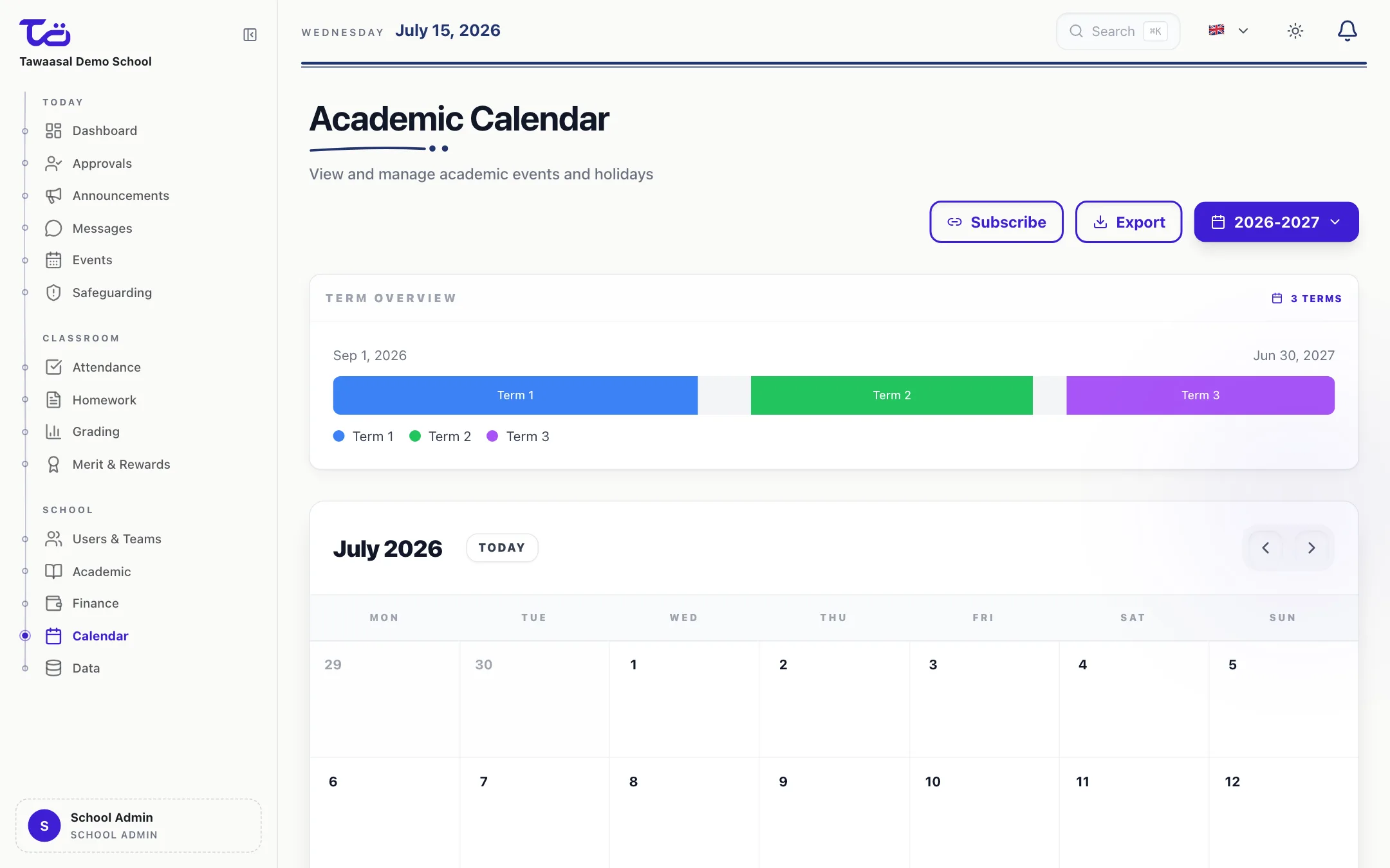 School Admin — Academic Calendar · English · Light