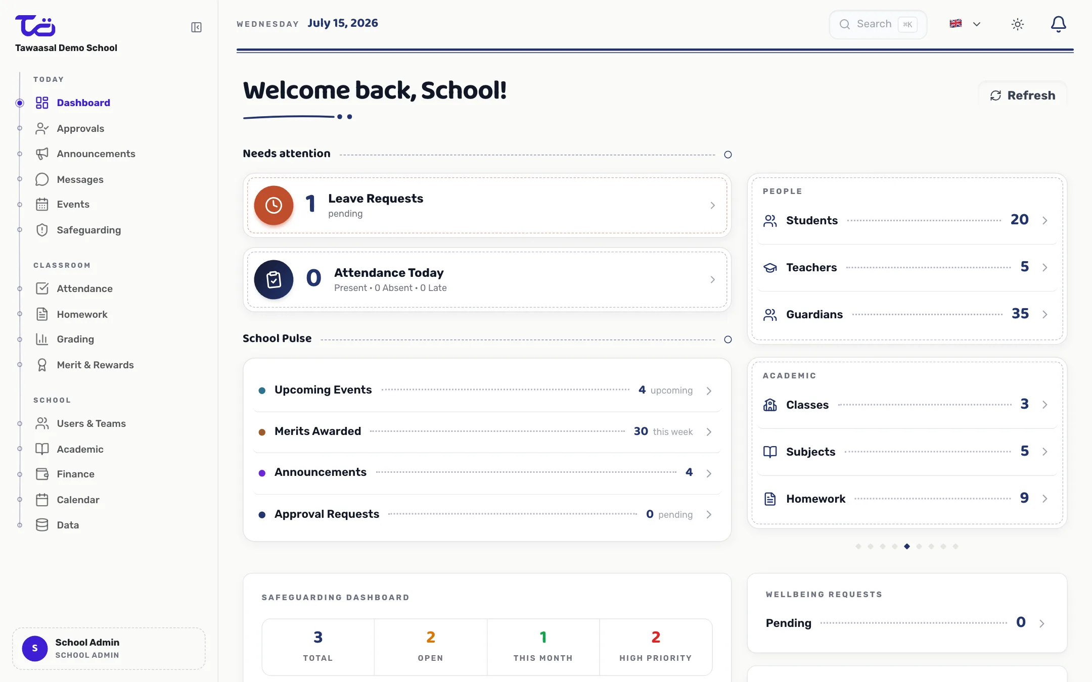 Tawaasal admin dashboard showing school overview with attendance, events, and announcements